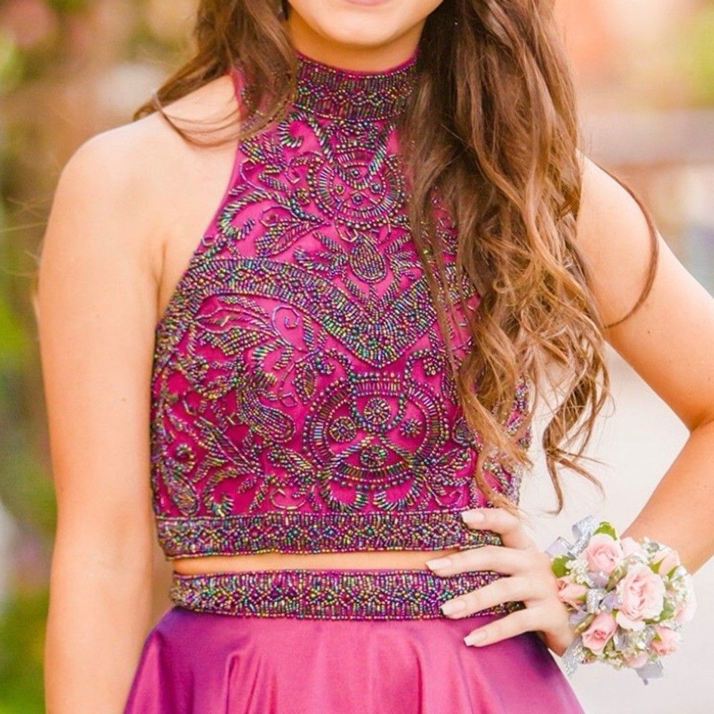 Sherri Hill Cropped Halter Top Embroidered Beaded SZ 6 Purple Plum Formal Prom